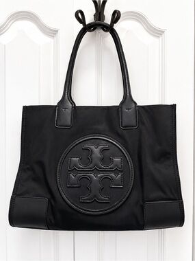 Tory Burch Black Nylon Logo Tote with Leather Trim